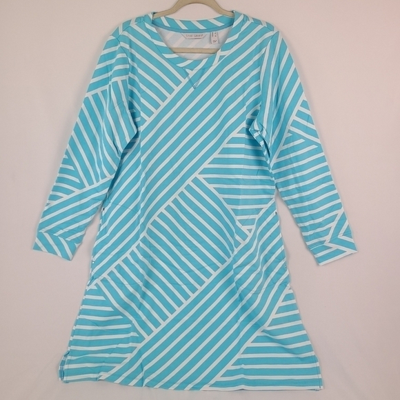NEW Sport Savvy Aqua Blue Stripe French Terry Dress Pockets Sz L NWT - Picture 1 of 6